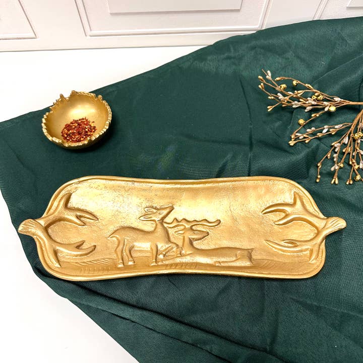 India Handicrafts Inc - Wholesale Decorative Tray - Gold Textured Deer Tray6