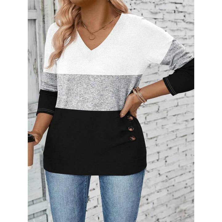 White Colorblock Pullover V-Neck Long Sleeve Knit Top ZK3726 for wholesale on Faire1