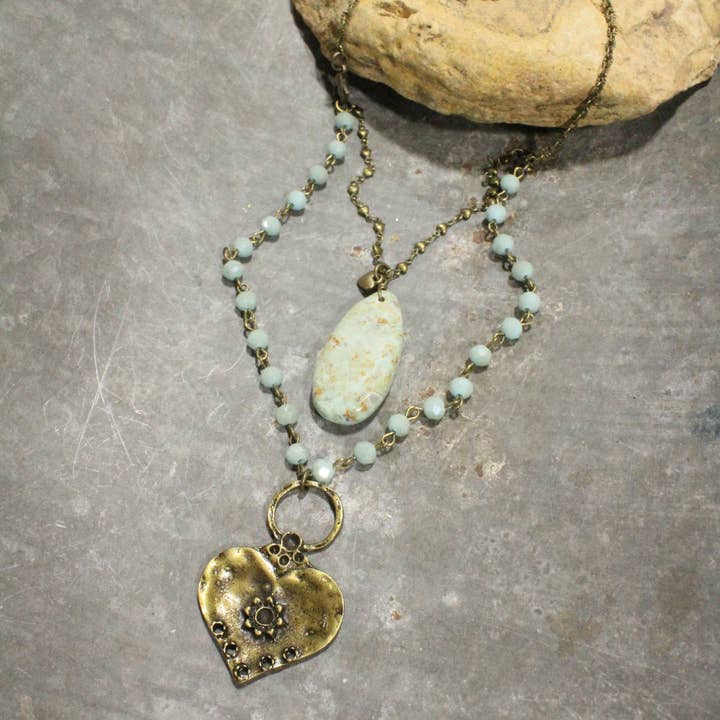 The Primitive Peddler, Inc. - Wholesale Pendant/Charm Necklace - Double Layered Stone & Bronze Heart Drop Necklace