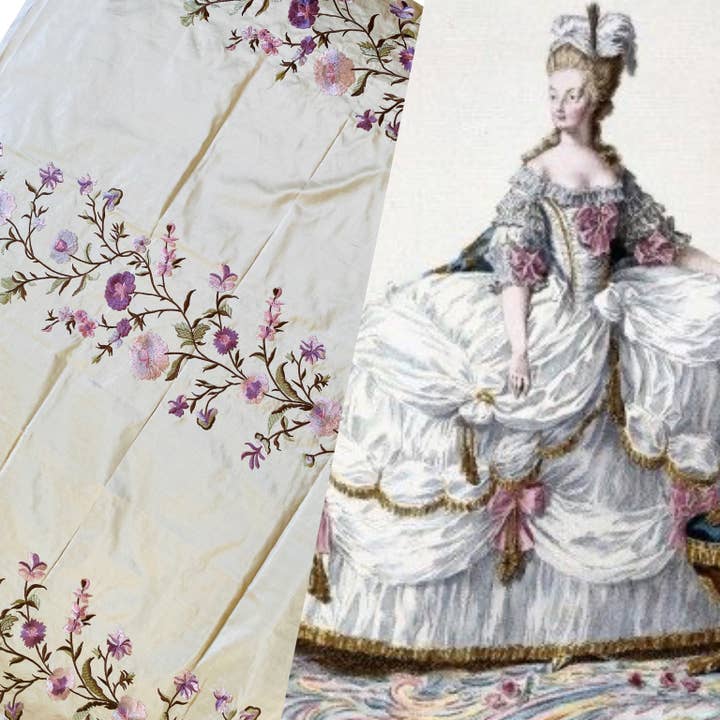 NEW Custom Duchess Alethea 100% Silk Taffeta Embroidered Fabric- Ecru with Purple Flowers for wholesale by Fancy Styles Fabric