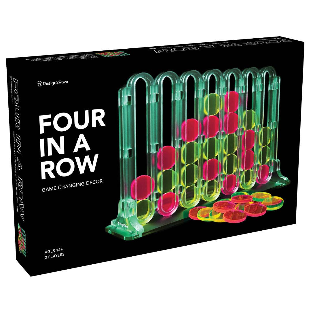Design2Rave LLC - Wholesale Board Game - Acrylic Four In A Row Game - Seafoam Green with Fluorescent Pink and Yellow Game Pieces3