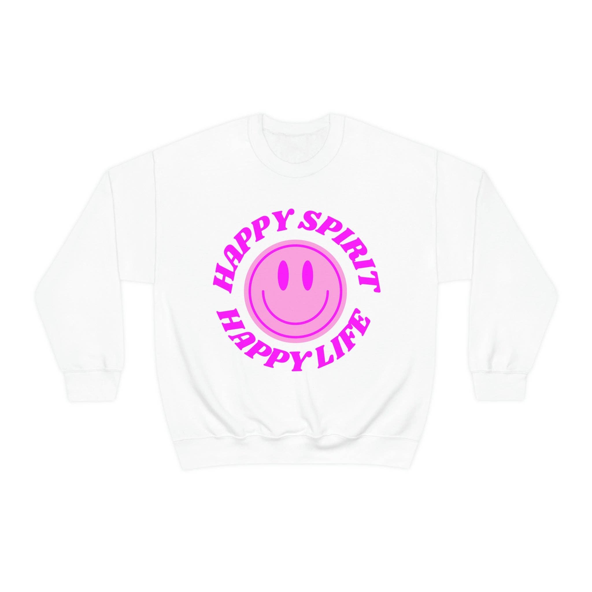 Happy Life Stuff - Wholesale Graphic Sweatshirt - Women's - Happy Spirit Happy Life Sweatshirt, VSCO Girl Crewneck, Oversized Retro Font Graphic Tumblr, Front Print Smile Face Trendy Cover Up0
