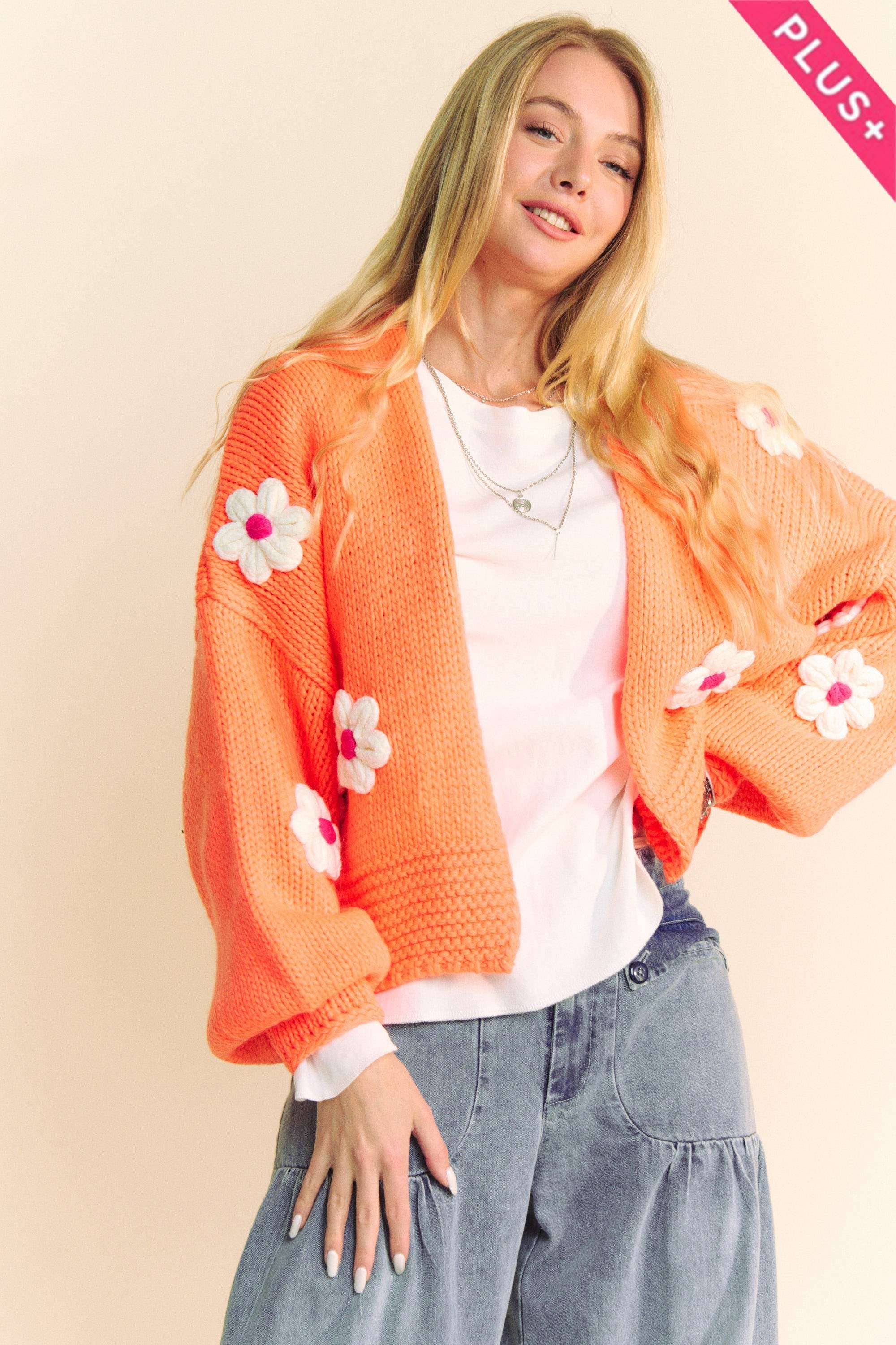 NEON ORANGE PLUS FLORAL APPLIQUE LANTERN SLEEVE CROP CARDIGAN for wholesale on Faire1