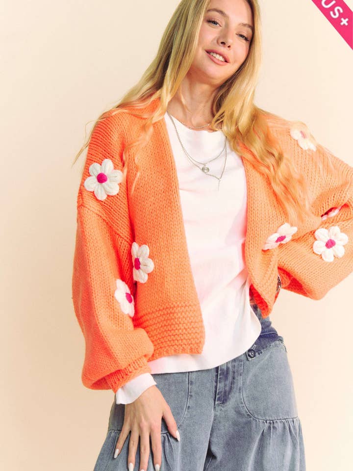 NEON ORANGE PLUS FLORAL APPLIQUE LANTERN SLEEVE CROP CARDIGAN for wholesale on Faire1