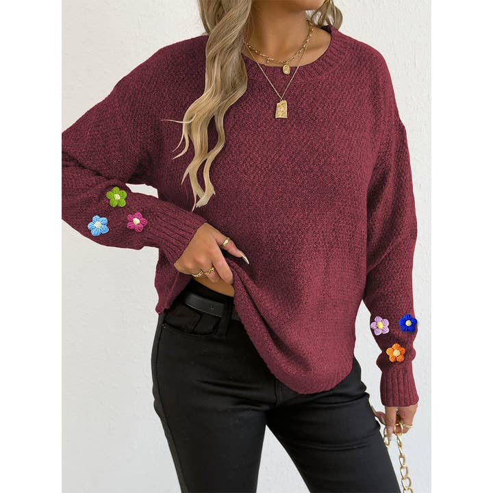 UNISHE - Wholesale Knit Sweater - Women's - Hand-Crocheted Floral Patchwork Round Neck Sweater OYM25320
