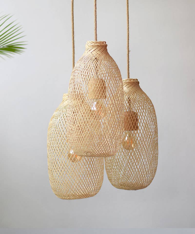 Lanna Passa - Vendita all'ingrosso Lampadario/lampada a sospensione - Set di lampade a sospensione in bambù in legno e corda, baldacchino a triplo grappolo