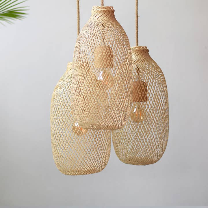 Lanna Passa - Vendita all'ingrosso Lampadario/lampada a sospensione - Set di lampade a sospensione in bambù in legno e corda, baldacchino a triplo grappolo0