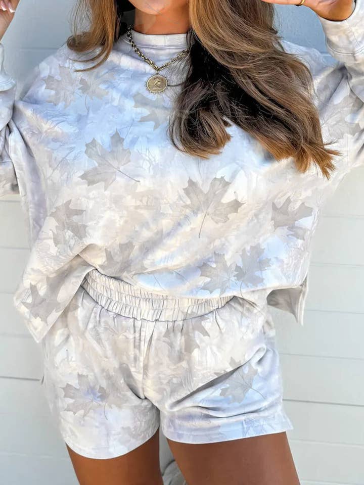 Beige FB Camo Pullover Top and Elastic Waist Short Set for wholesale on Faire2