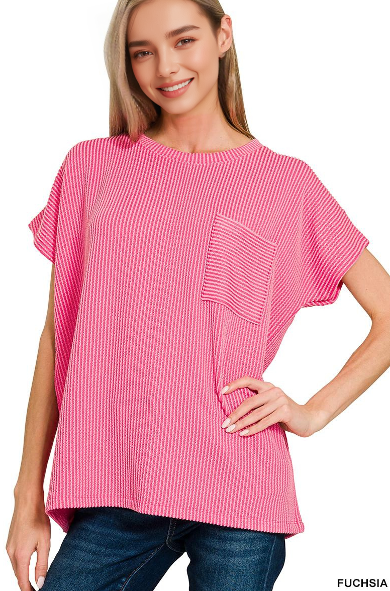 42POPS - Wholesale Knit Top - Women's - ....0902 Raised Rib Front Pocket Boxy Top SI-287136