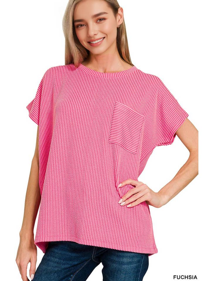 42POPS - Wholesale Knit Top - Women's - ....0902 Raised Rib Front Pocket Boxy Top SI-287136