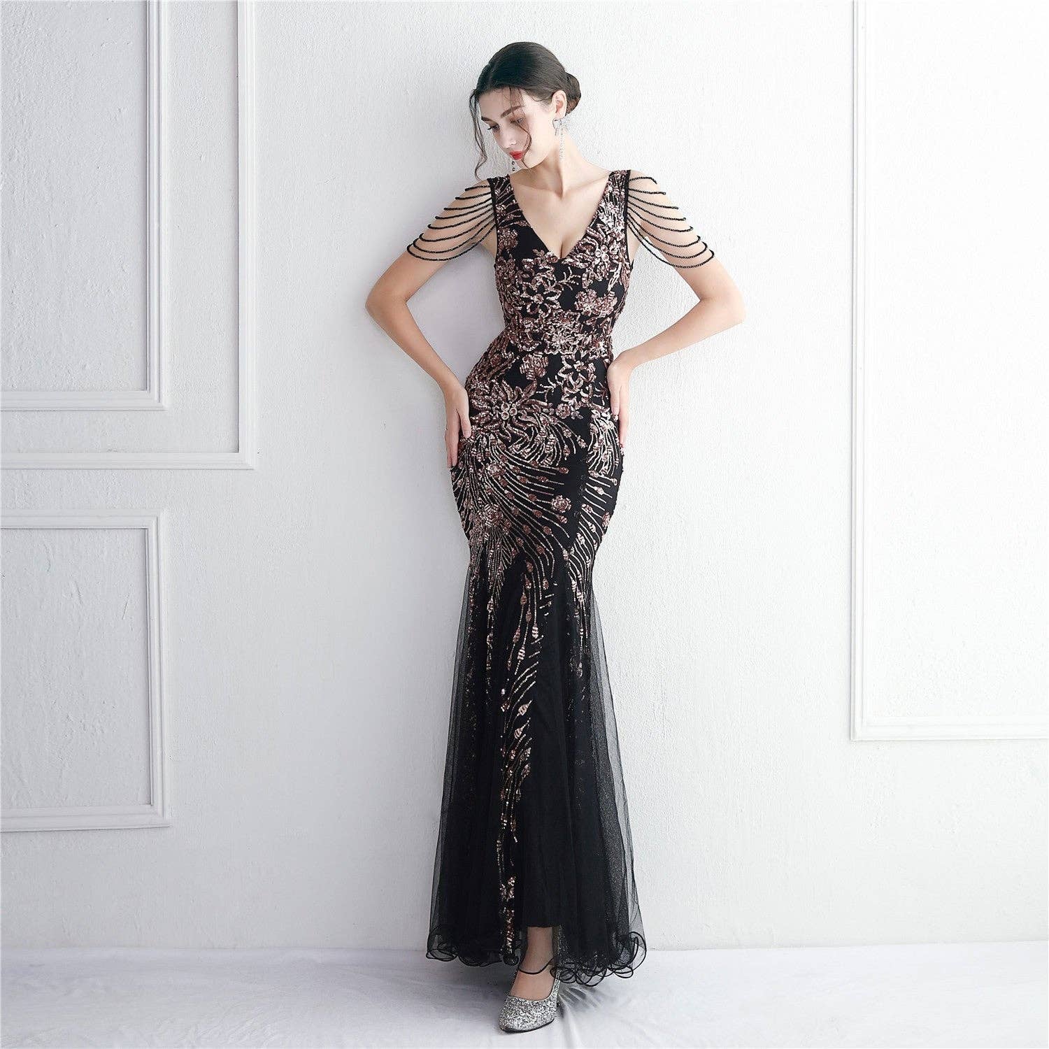 VividLux - Wholesale Gown - Women's - Sequin Mesh Craft Beaded Elegant Fishtail Dress _ Perfect for Annual Meetings2