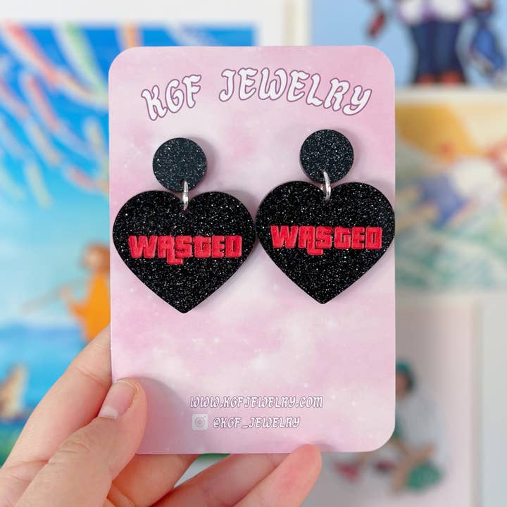 Brincos e Porta-chaves de Acrílico Feitos à Mão Wasted Hearts por atacado de KGF Studios