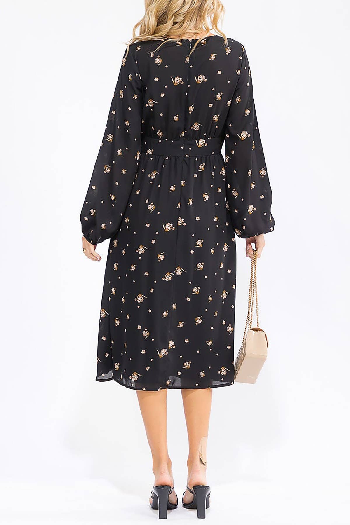 Black FLORAL PRINT V NECK BUTTON UP MIDI DRESS for wholesale on Faire2