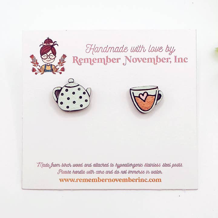 Teapot & Teacup Stud Earrings, Birch Wood, Hand Painted for wholesale by Remember November, Inc