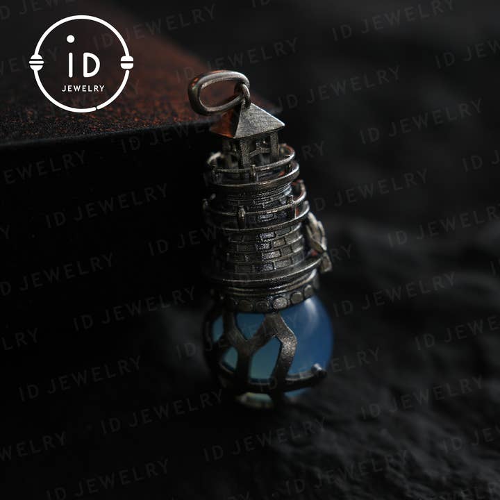 idjewelry – wholesale Individual charm/pendant – Handmade Lighthouse Pendant | Gothic Amulet with Aquamarine | Mystic Ravens | Magical Protection Jewelry | Vintage Fantasy Style2