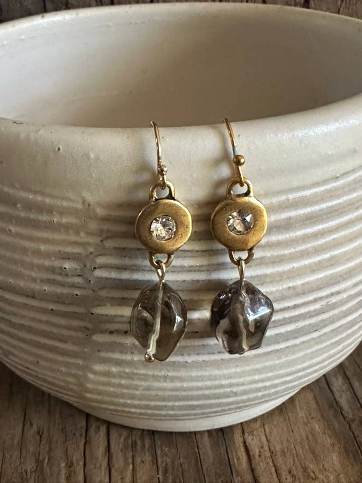 Gold Crystal Smokey Topaz Earrings for wholesale by Sirena Home