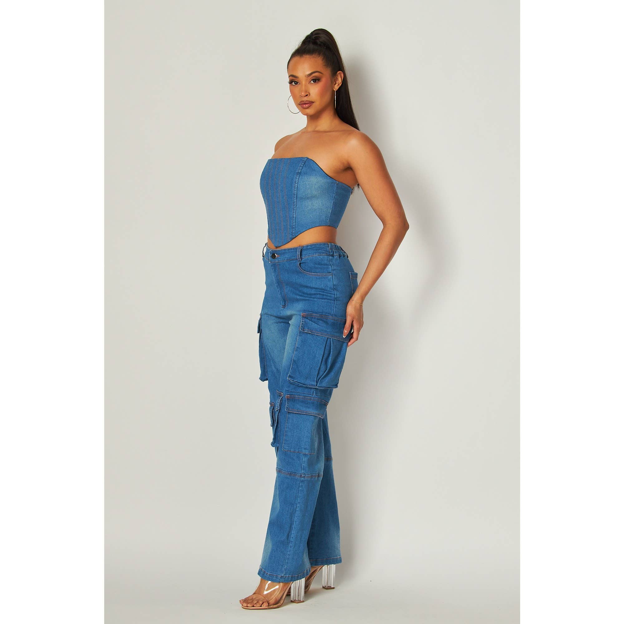 Miss 8 - Wholesale Top & Pant Set (NOT Loungewear) - Women's - Denim Cargo Strapless Top and Wide-Leg Pants Set12