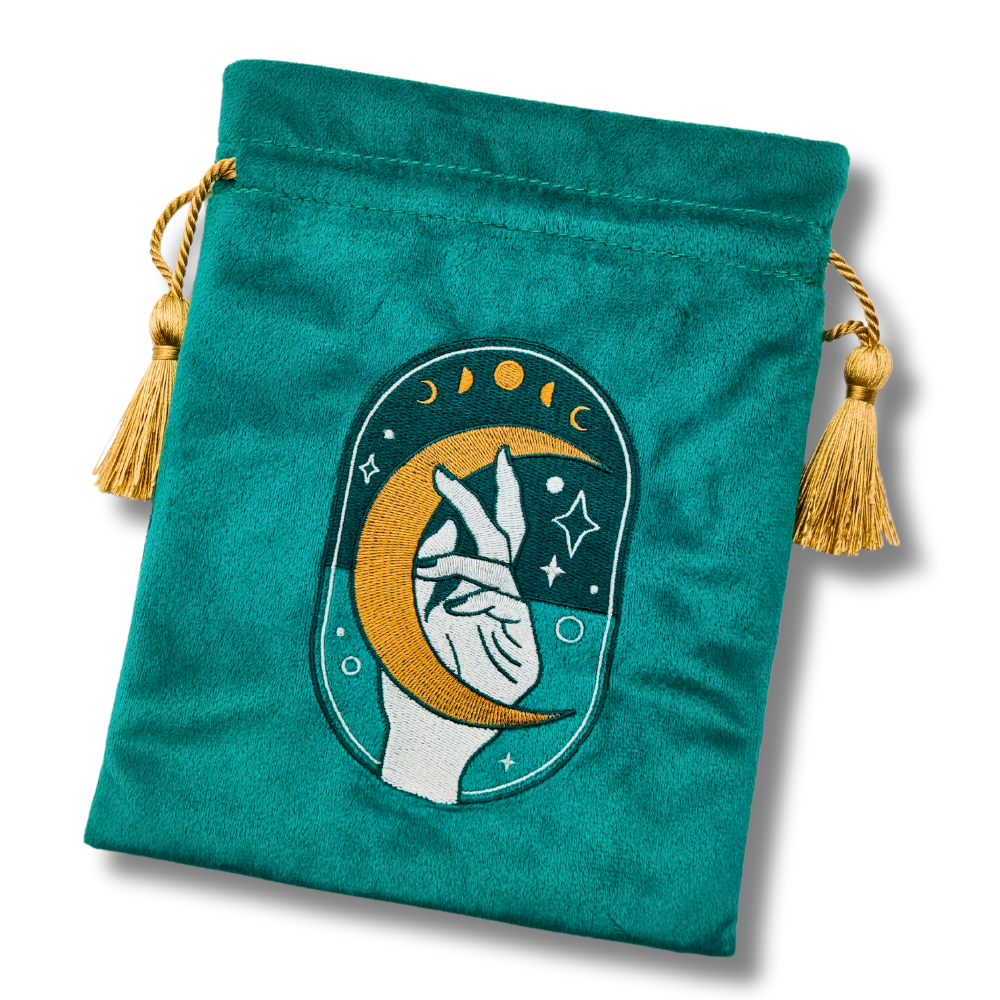 LA MUCI DESIGN - Vente Sac à cordon de serrage – unisexe - Pochette en velours vert pour tarot – Sac à cordon brodé7