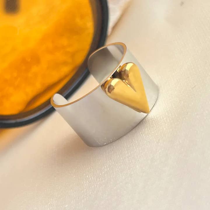 Sweet Cherry Sky - Wholesale Cocktail/Statement Ring - Solid Adjustable Mixed Jewelry Ring Silver and Gold Heart