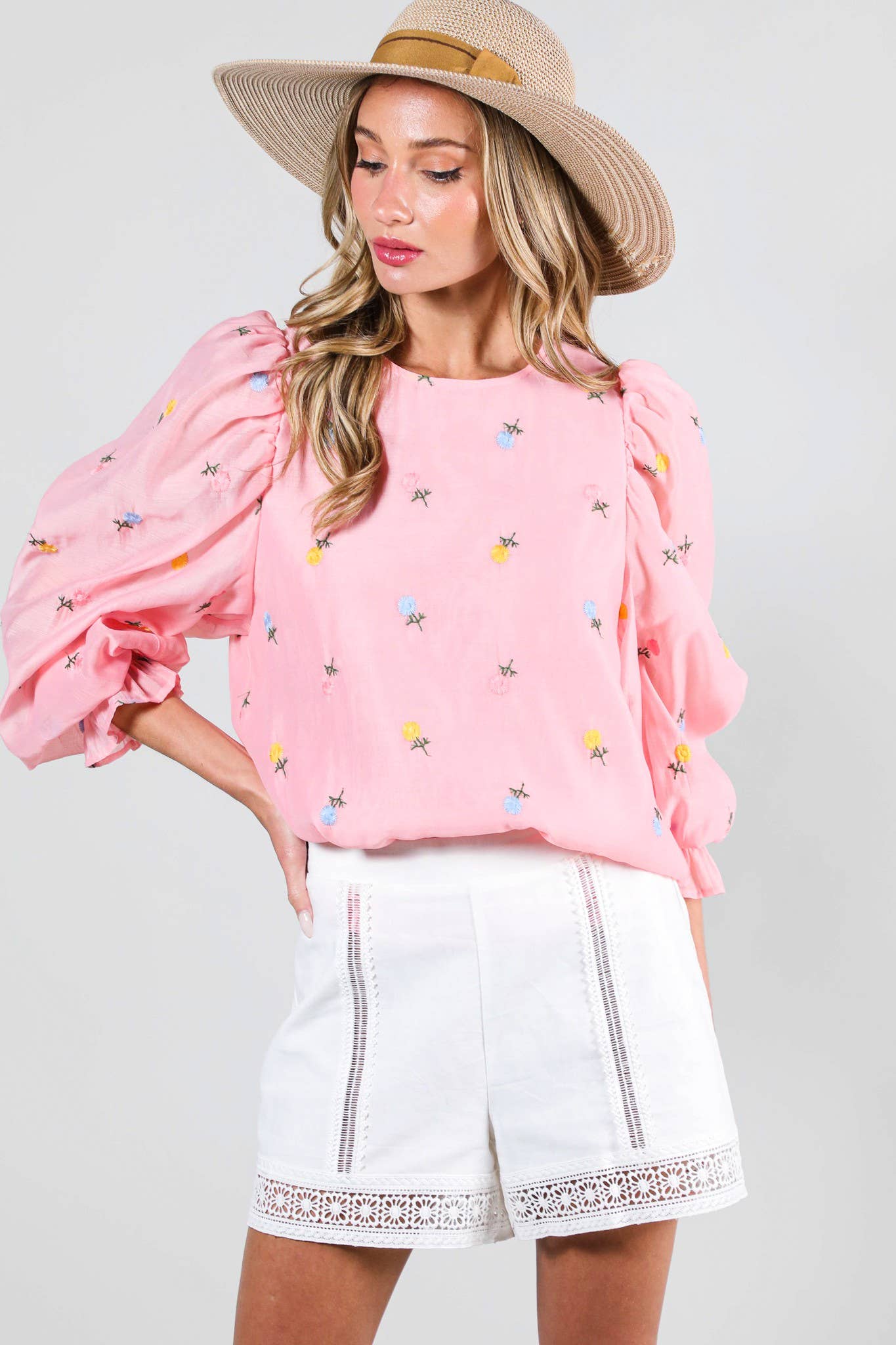 Vine & Love - Wholesale Blouse - Women's - Embroidered Long Puff Organza Blouse Top VT60375A16