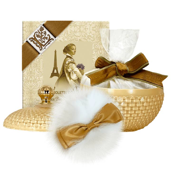 La Bouquetiere French Collections – wholesale Bad- och kroppsvårdsset – Violette ull Puff, ris kropp pulver 6oz & glas kärl