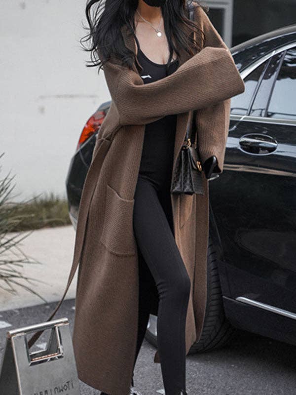 StyleGalX - Wholesale Cardigan - Women's - Long Sleeves Loose Pockets Solid Color Tied Waist Notched Collar Cardigan Coats4