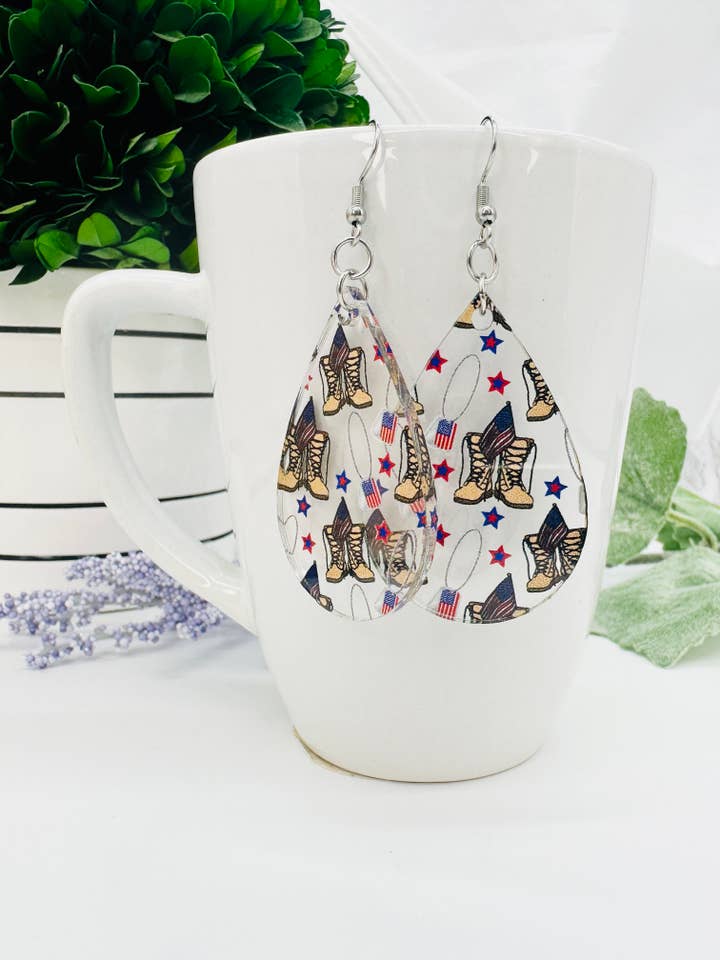 Acrylic Military Earrings with Stainless Steel Earwires for wholesale by Falcon Ridge Designs LLC