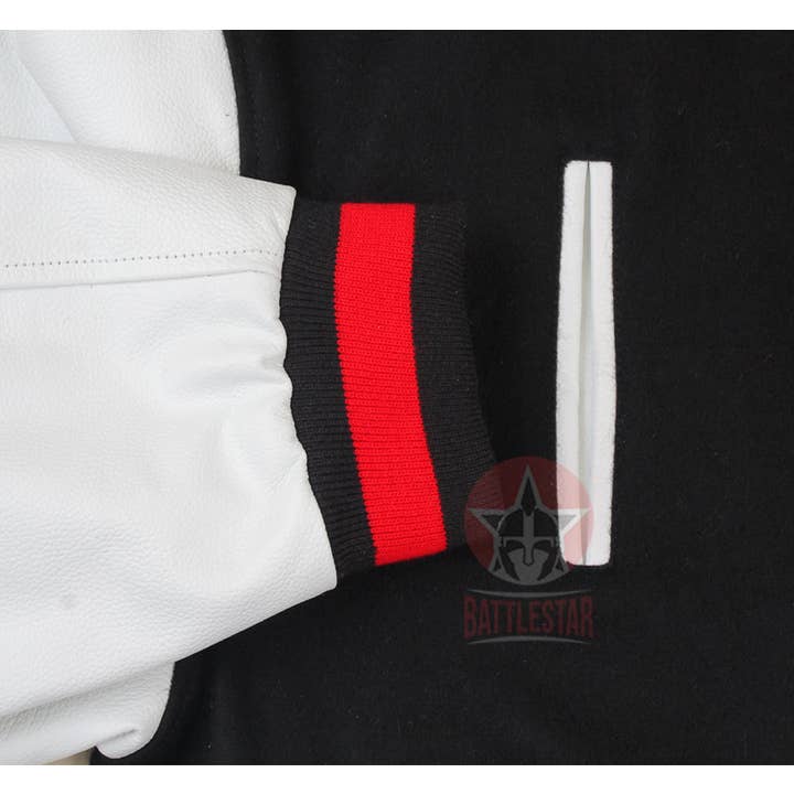 Battlestar Clothing & Gear Co - Wholesale Varsity/Baseball Jacket - Men's - Black Wool & Leather Varsity Jacket - Red Rib Detailing