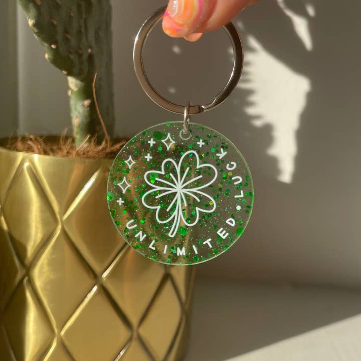 Unlimited Good Luck Green Glitter Clover Keyring for wholesale by Dolly’s Doodles