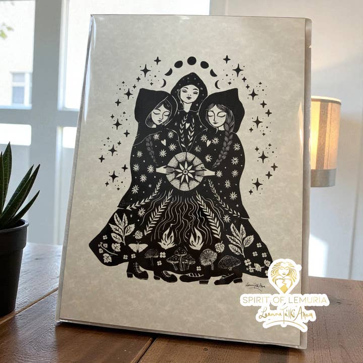 Linocut Style Sisters Folk Art Print, A4 Size for wholesale by Spirit of Lemuria