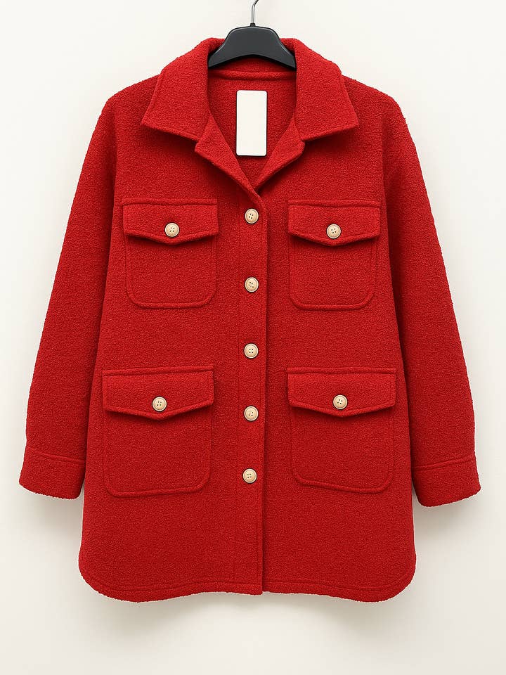 Italiaanse Teddy Boucle Goudkleurige Knoopsluiting Militaire Stijl Shacket voor wholesale door Miss Bold