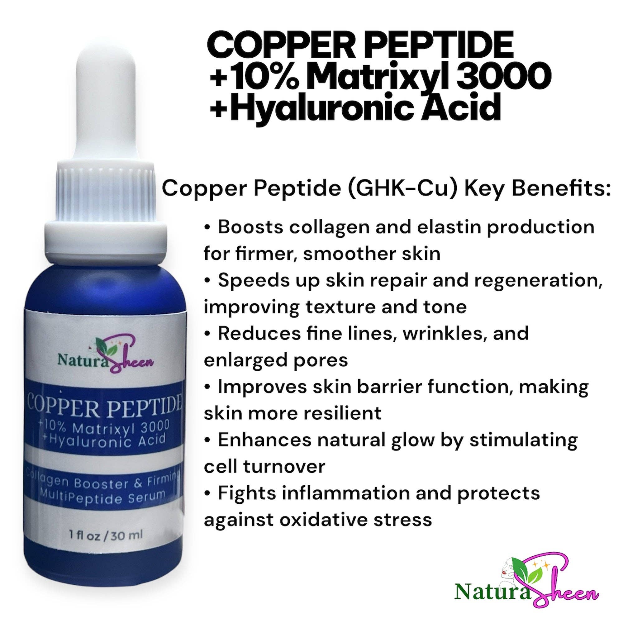 NaturaSheen Skin Care - Wholesale Facial Serum/Concentrate - 3% Copper Peptide + 10% Matrixyl 3000 + Hyaluronic Acid Multipeptide Serum 1 oz Anti-aging Firming Collage. booster2