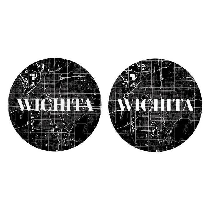 Minimalist B&W Kansas Wichita Map | Absorbent Car Coasters | Set of 2 | Min 4 for wholesale by Love Local