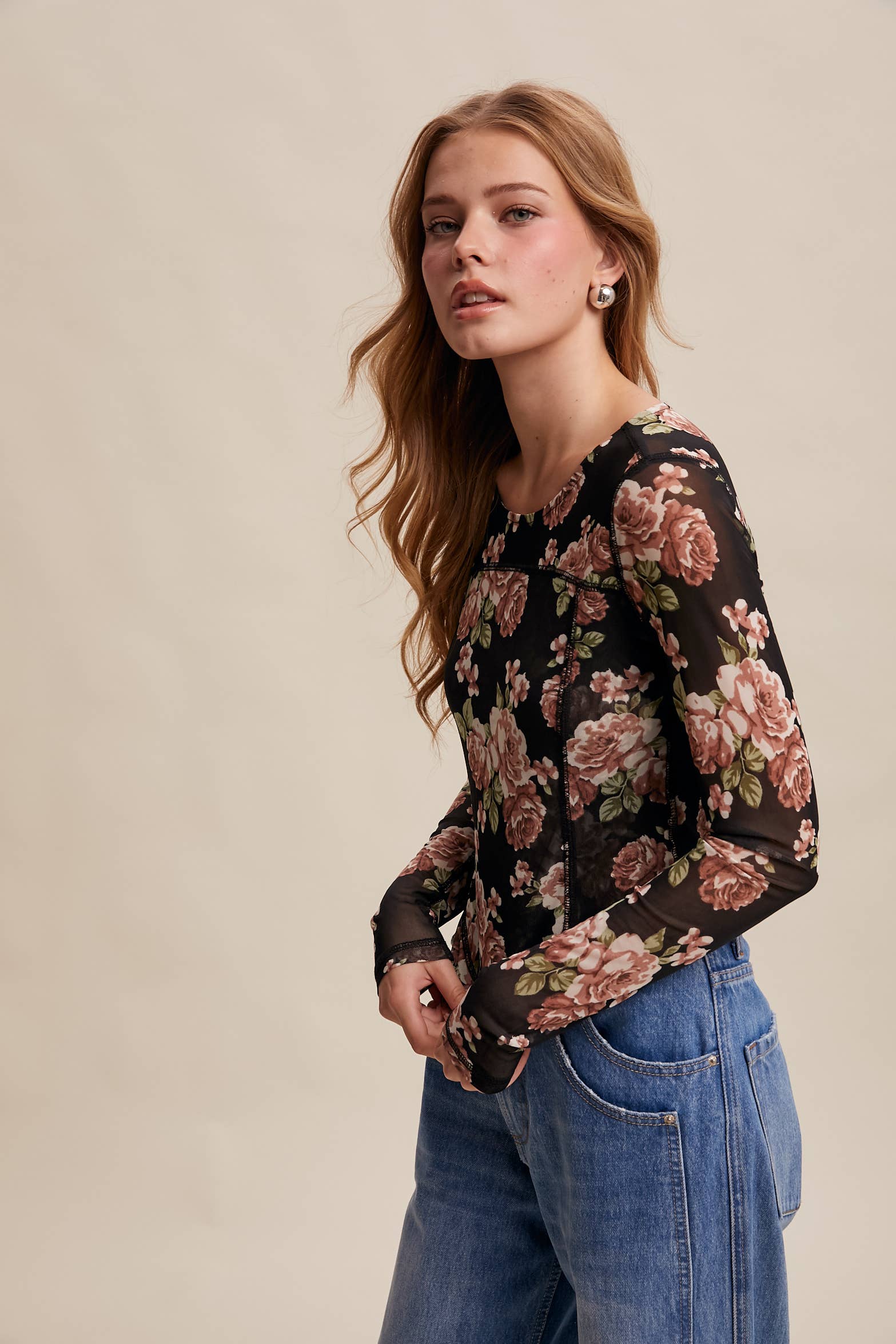 Listicle - Wholesale T-Shirt - Women's - Floral Mesh Long Sleeve Layering Top41