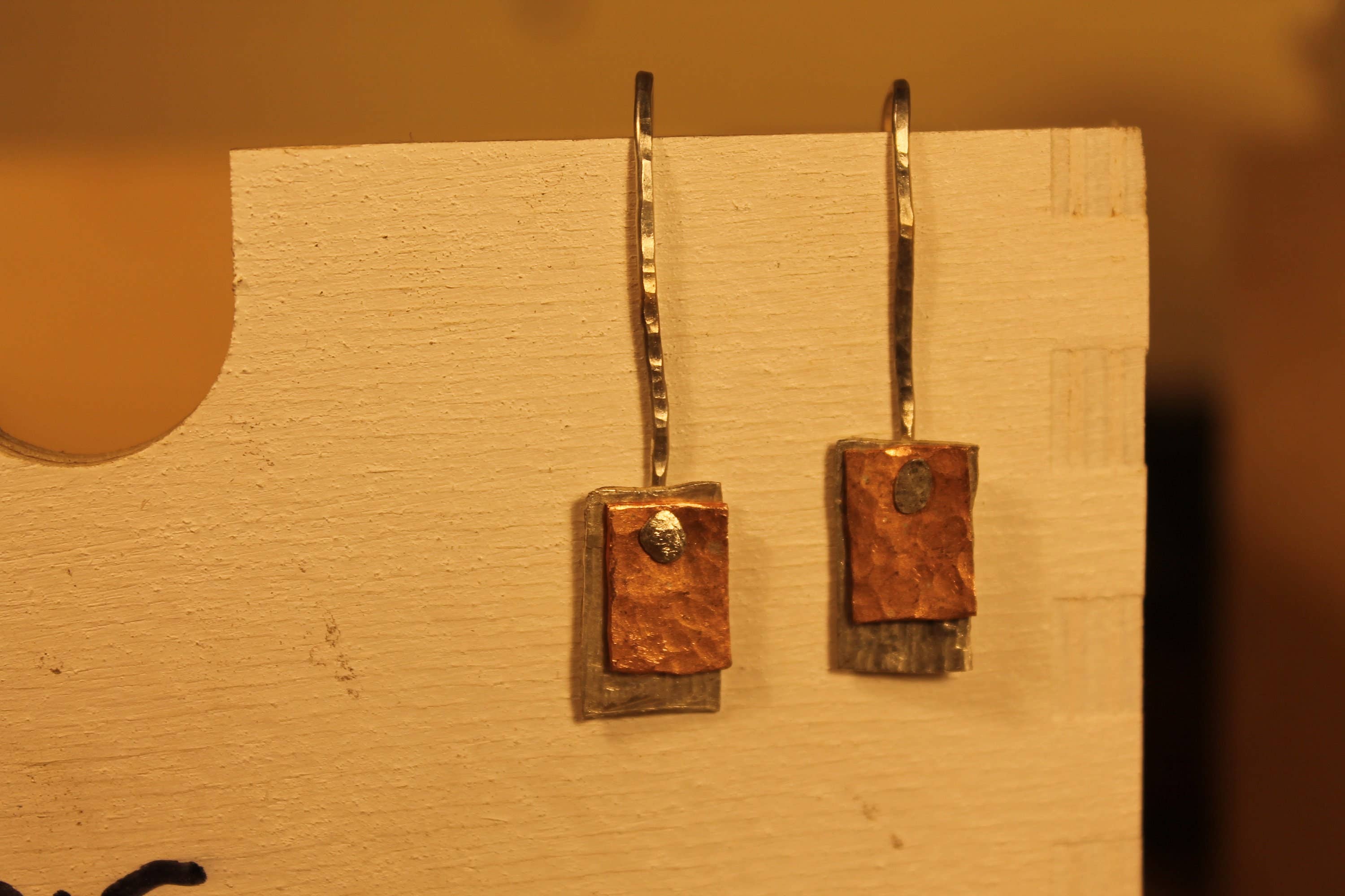 The Wonky Jewellery Company – wholesale Dangle earrings – Silver and copper drop earrings, hammered silver jewellery.2