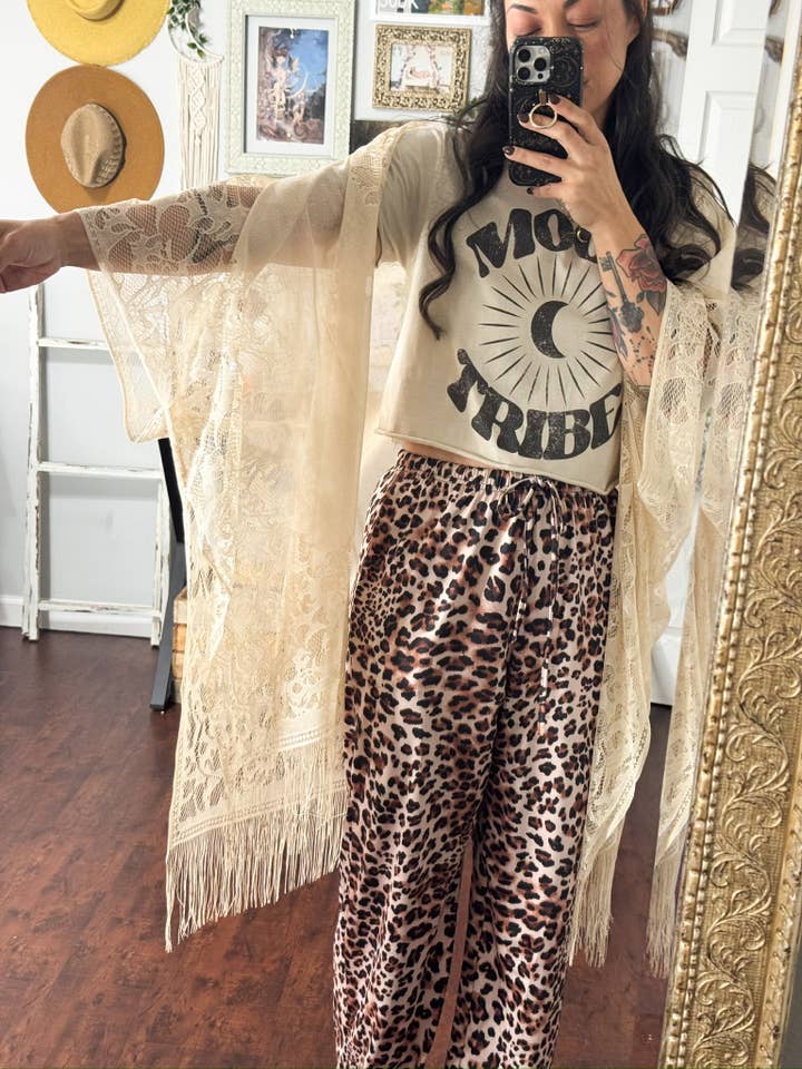 Lightweight Ivory Tea Lace Kimono with fringe for wholesale by The House Of Gentry