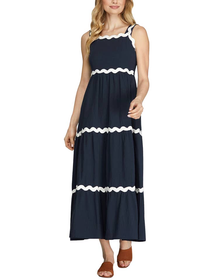Vanilla Monkey - Wholesale Dress - Women's - Contrast Ric Rac Trim Tiered Midi Dress