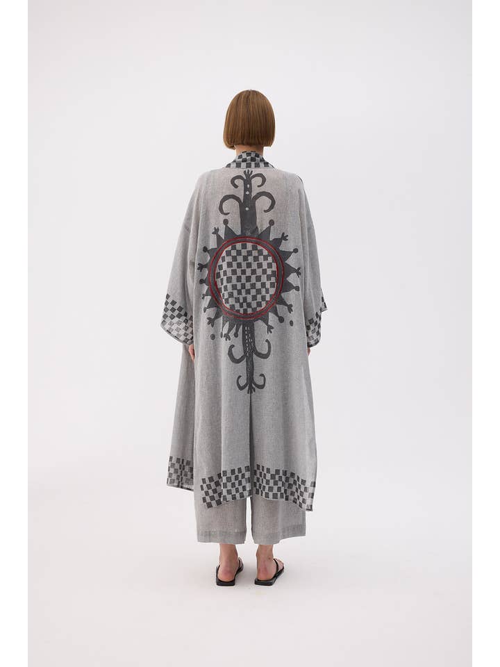 IKIKIZ - Fulmarix - Wholesale Kimono - Women's - Gray Checkered Kimono (3466) 30% Linen 70% Cotton