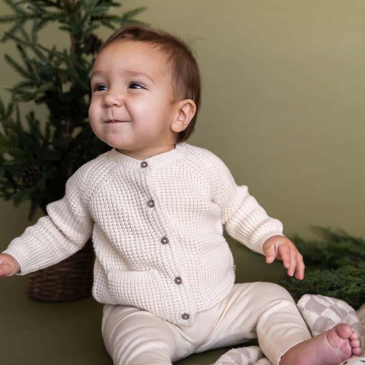 Avery Button & Pocket Chunky Sweater Knit Baby Cardigan for wholesale by Viverano Organics
