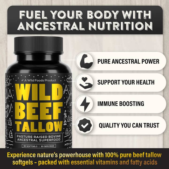 Wild Foods - Wholesale Oral Supplement/Vitamin - Wholesale case of 6 - Grass-Fed Beef Tallow Soft gels – 100% Pure Ancestral Nutrition