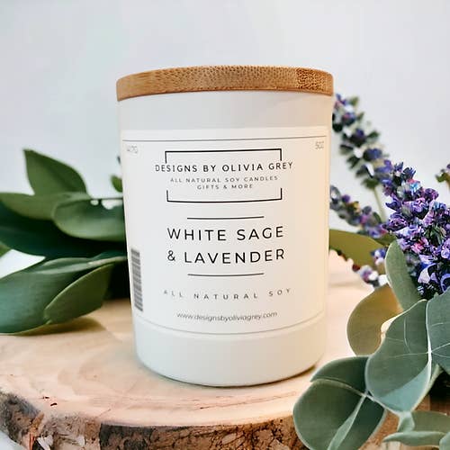 Designs By Olivia Grey | All Natural Soy Candles - Wholesale Jar/Filled Candle - White Sage & Lavender Natural Soy Candle | Non Toxic Candle