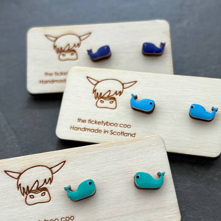 Wooden Whale Earrings - Handmade in Scotland for wholesale by the ticketyboo coo