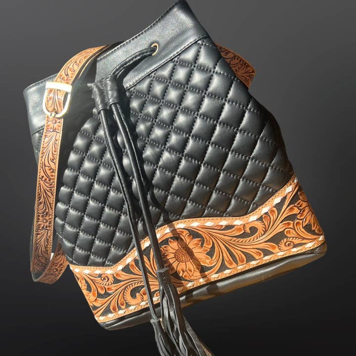 Westrian International - Wholesale Top Handle Bag - Women's - Western Tooled Quilted Leather Black Bucket Bag Handbag 1