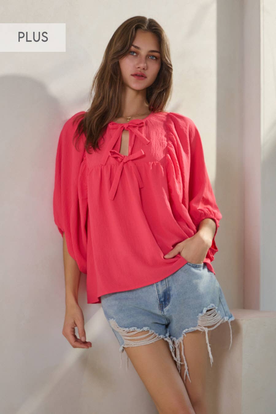 Oddi - Wholesale Blouse - Women's - Plus Solid Airflow Batwing 3/4 Sleeve Top5