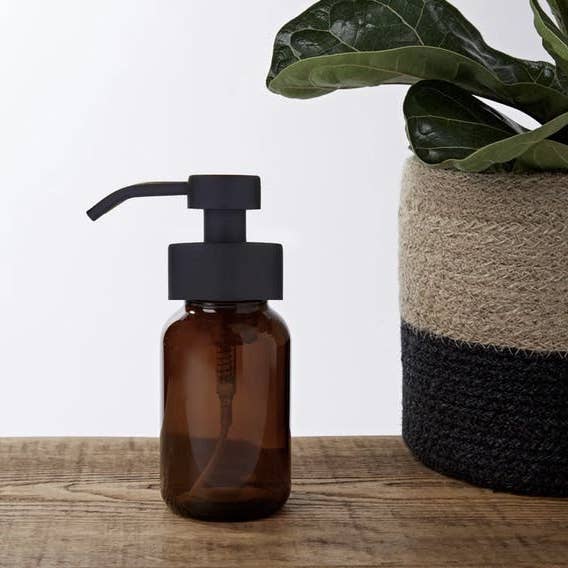 Amber Glass Foam Soap Dispenser with Black Pump - 250ml for wholesale by MES COURSES EN VRAC
