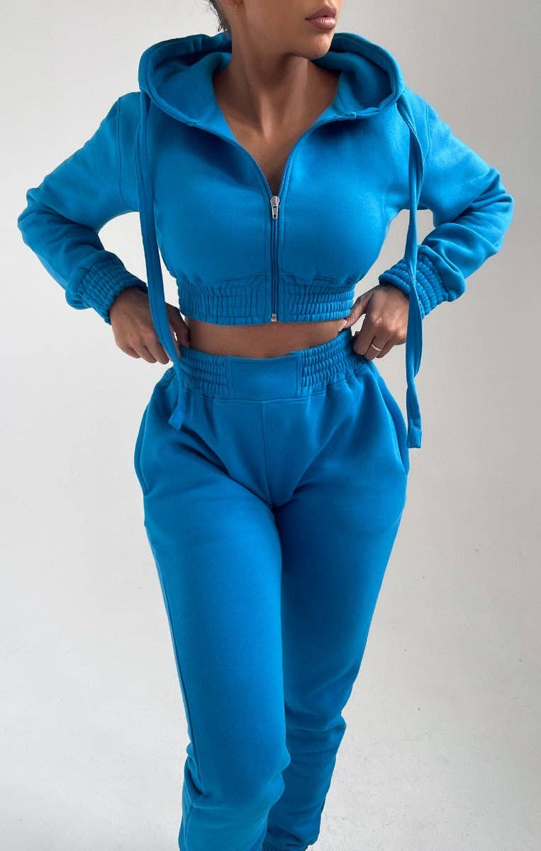 Femme Luxe - Wholesale Lounge Set - Women's - Blue Cropped Zip Front Elasticated Hem Hoodie And High Waisted Jogger Loungewear Set - Addisyn1