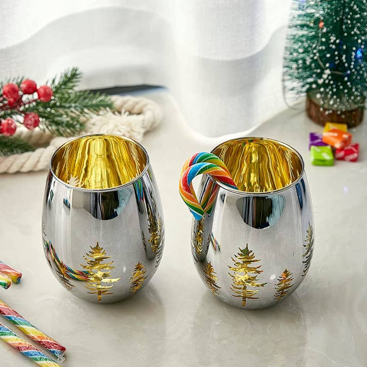 The Wine Savant / Khen Glassware - Venta al por mayor Copas de vino - Juego de 2 árboles de Navidad sin tallo, Winter Wonderland, color dorado