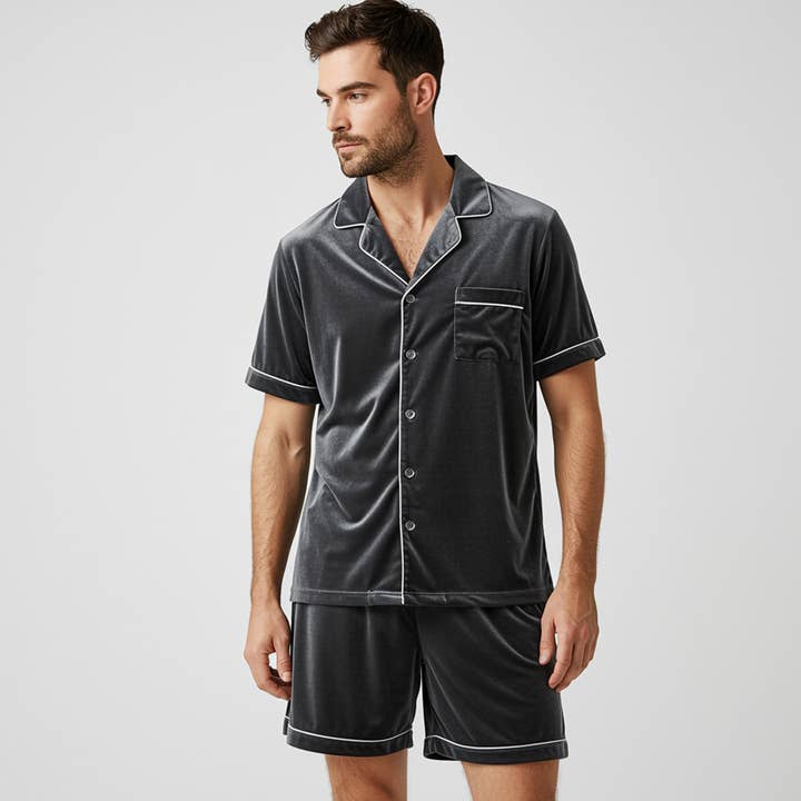 Ensemble de Pyjama en Velours pour Hommes - Manches Courtes & Shorts pour la vente par The Blissful