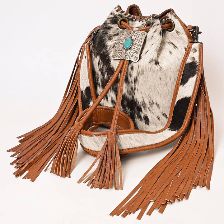 LS Western - Wholesale Crossbody bag – Women's - ADBG1272 Hair-On Hide Leather Fringe Bucket Bag with Turquoise Concho Accent