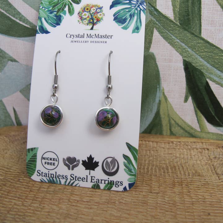 Deep Green & Purple Dangle Stainless Steel Earrings for wholesale by Crystal McMaster Jewellery Designer